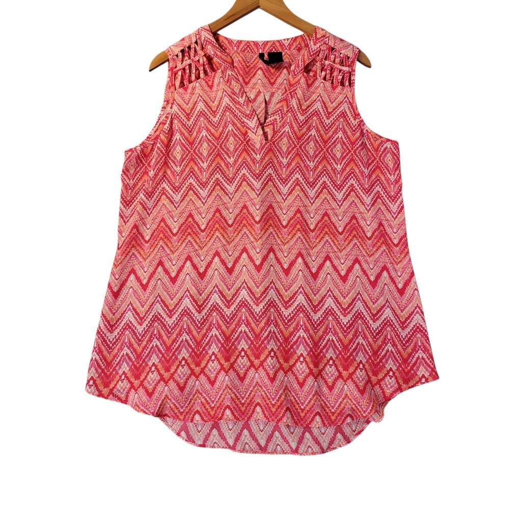 New Directions Womens Sleeveless Chevron Top L Pink Orange Cutout Shoulder‎ Boho